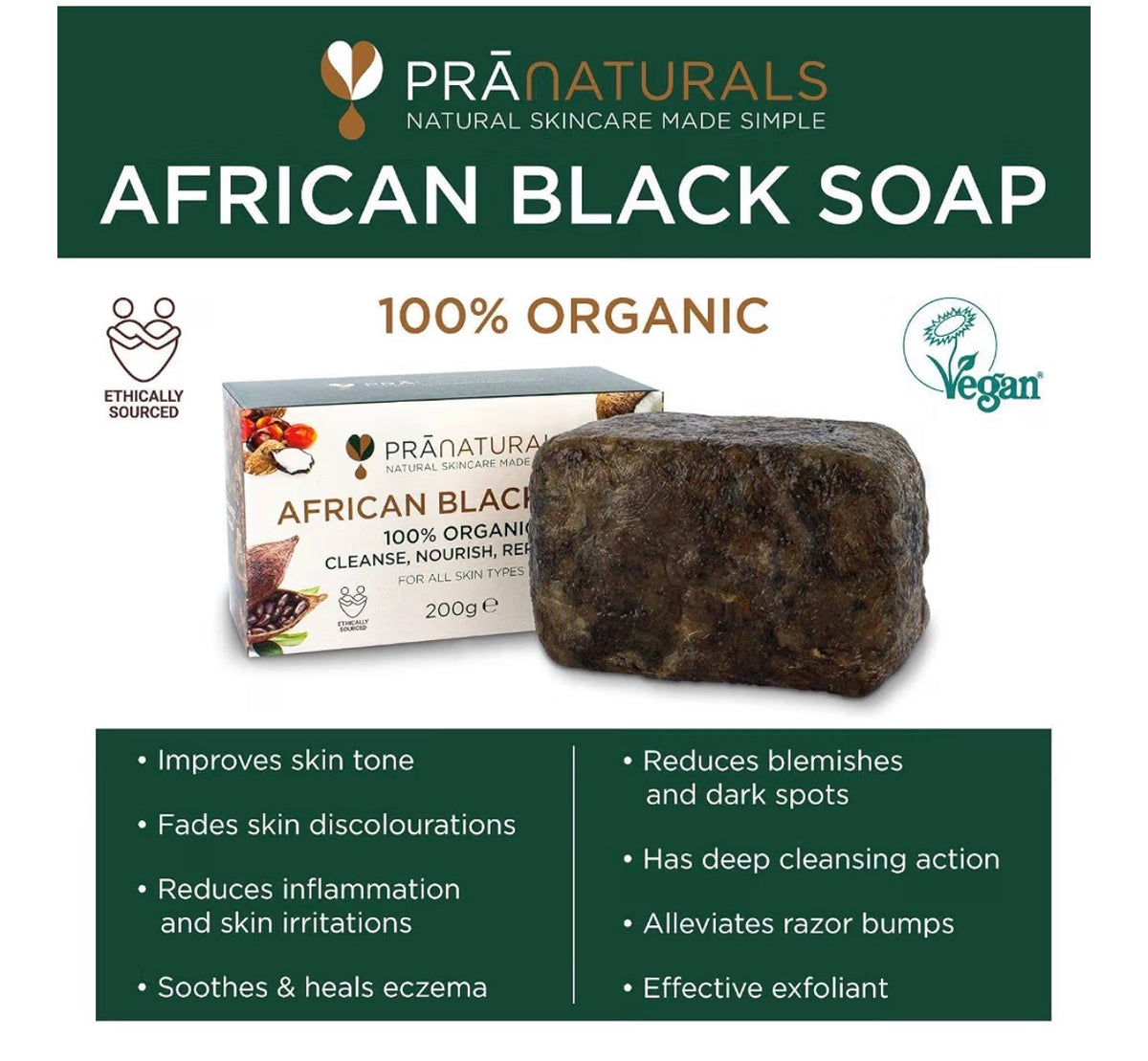 PraNaturals African Black Soap 200g | Organic Raw Ghana Soap