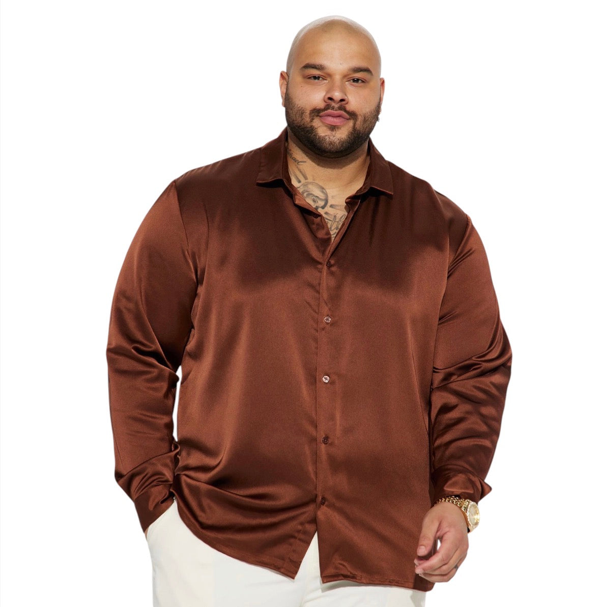 Links Satin Long Sleeve Button Up Shirt Chocolate