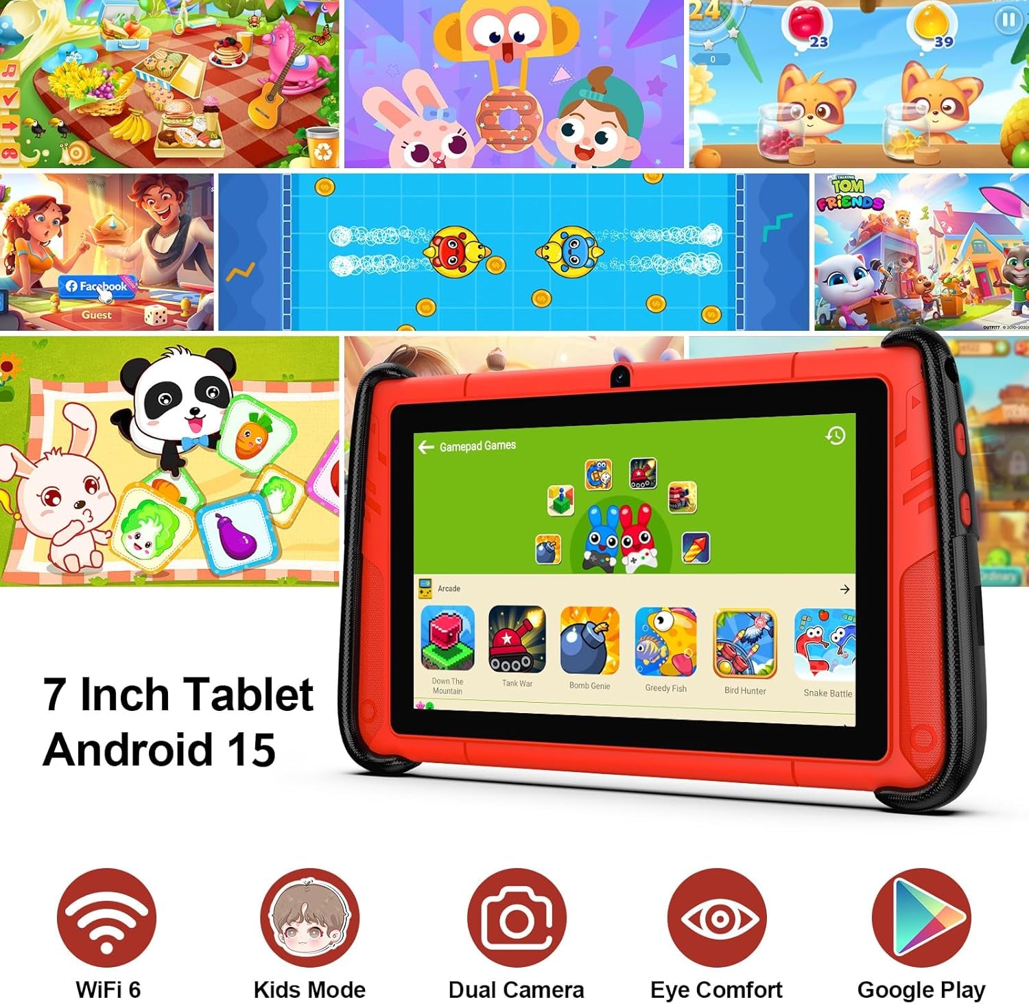 7 Inch Kids Tablets, Wifi Tablets for Kids, 8GB RAM, 32GB Rom,(Expandable 512GB), Toddler Tablet, Parental Control, Android 15, Sports Car Design, Toddler Tablet PC with Two Gamepad(Red).