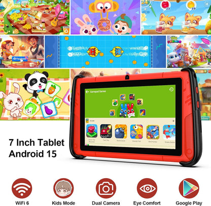 7 Inch Kids Tablets, Wifi Tablets for Kids, 8GB RAM, 32GB Rom,(Expandable 512GB), Toddler Tablet, Parental Control, Android 15, Sports Car Design, Toddler Tablet PC with Two Gamepad(Red).