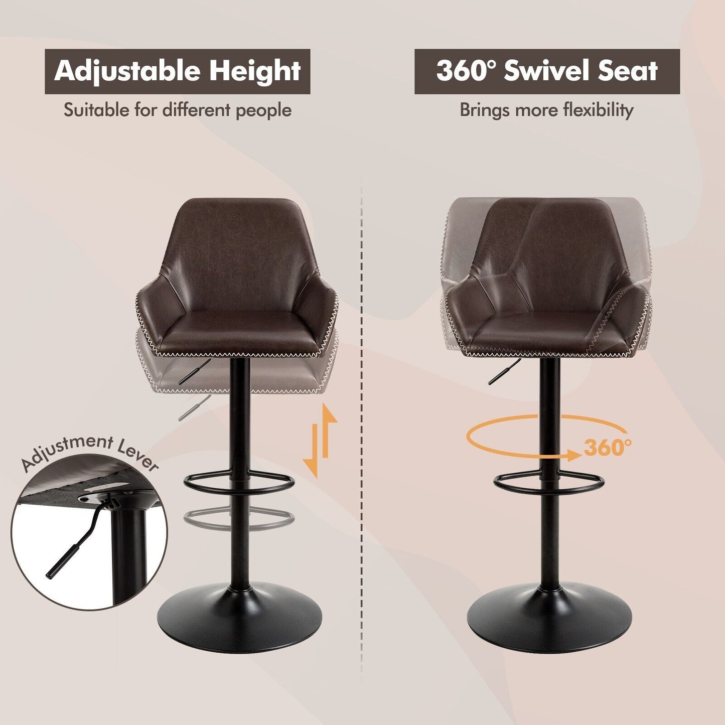 Elevate Your Space with the Premium PU Leather 360° Swivel Bar Stool Featuring Adjustable Height and Armrests