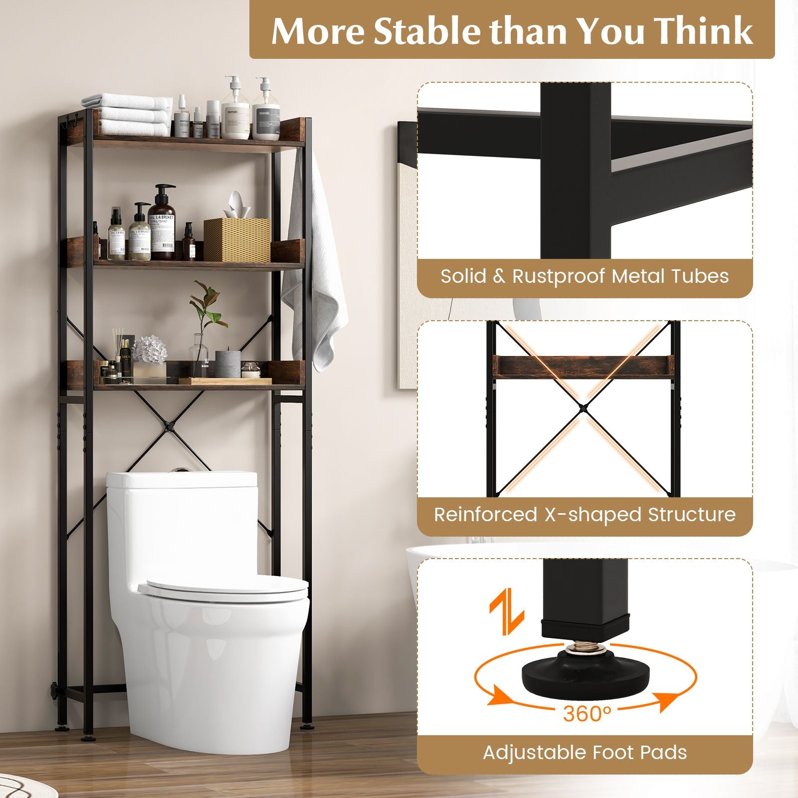 Three-Tier Over-the-Toilet Storage Rack with Four Hooks and Adjustable Base Bar