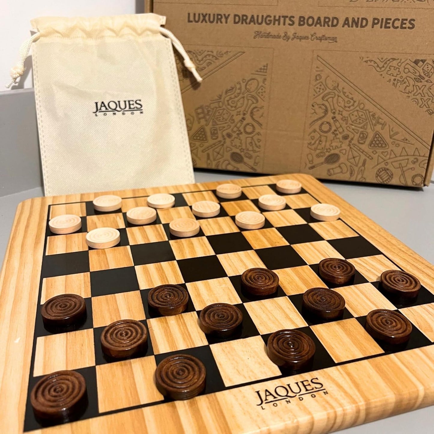 Draughts Board Game | Traditional 12" Wooden Board with Deluxe Checkers Pieces | for Adults and Kids | since 1795