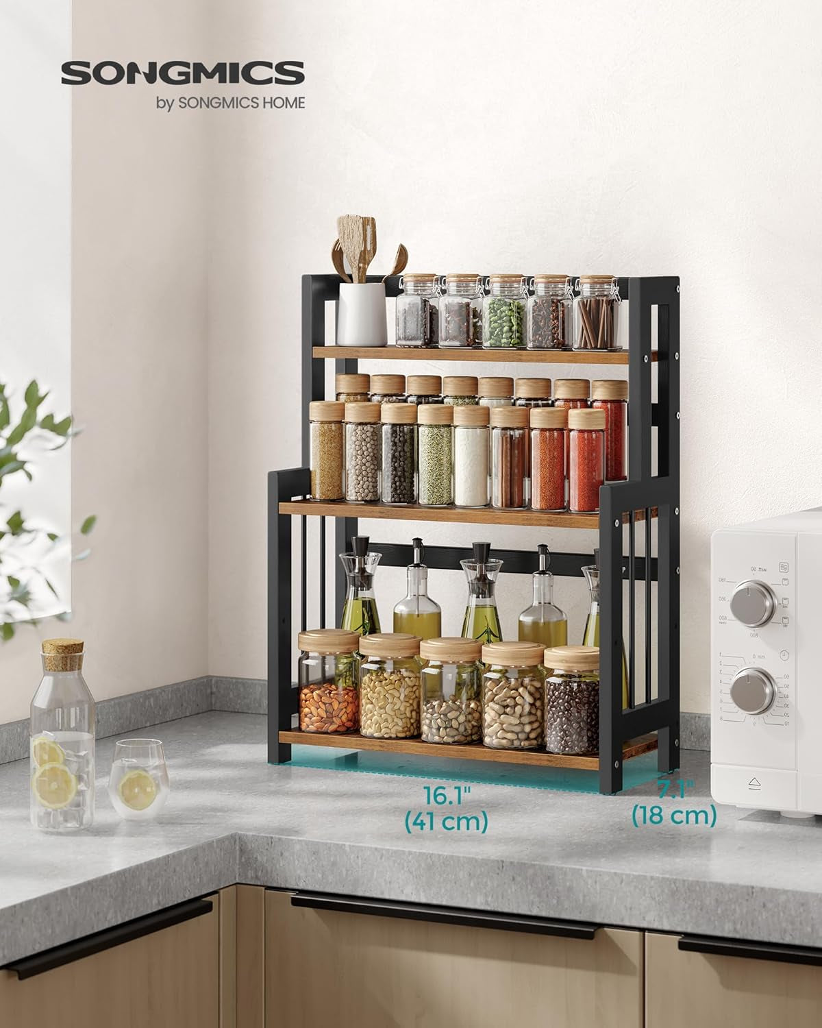 Spice Rack, 3 Tier Storage Rack, Desktop Organizer, Bamboo Frame, for Kitchen, Dining Room, Office, Rustic Brown and Black OFS047B01