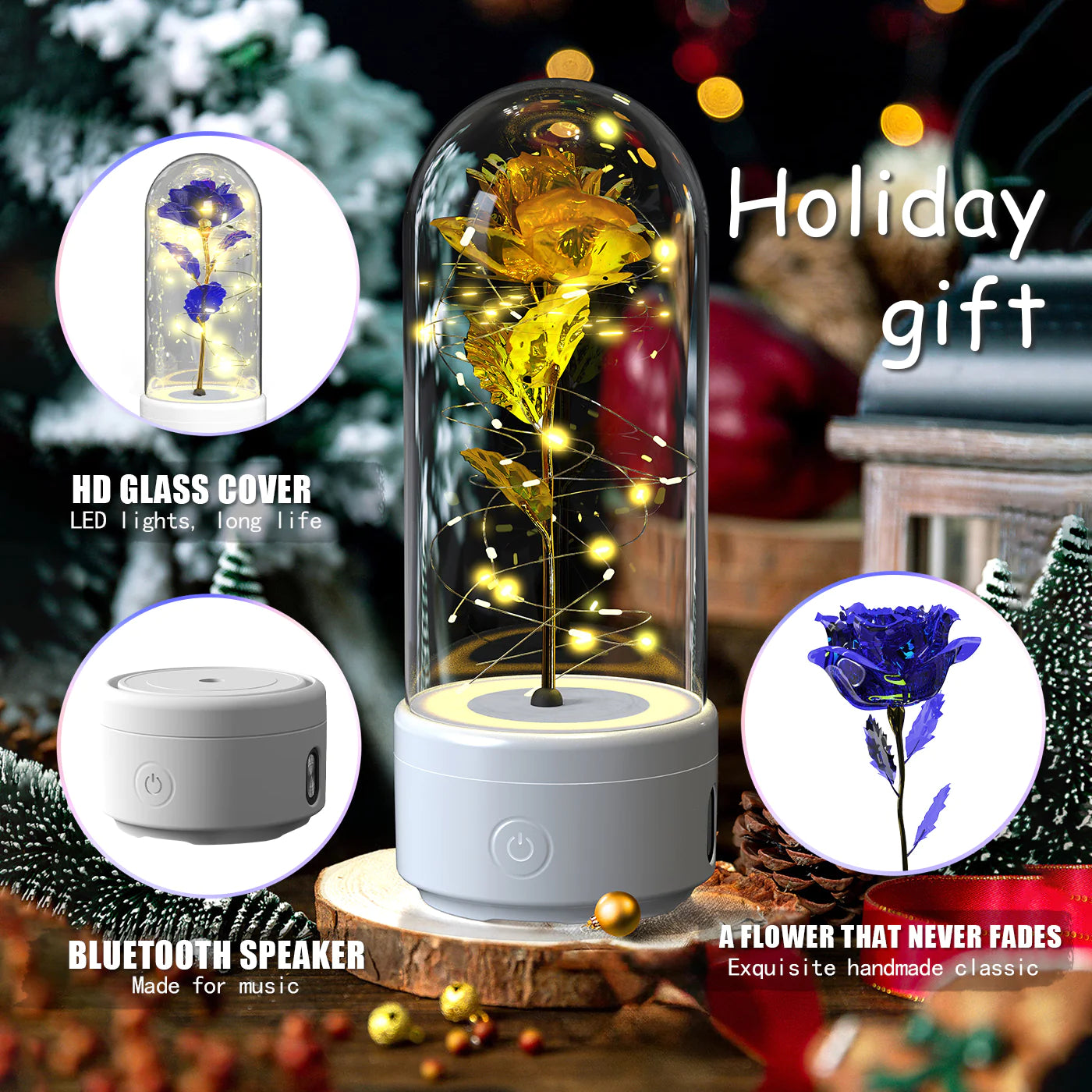 Creative 2 in 1 Rose Flowers LED Light and Bluetooth Speaker Valentine'S Day Gift Rose Luminous Night Light Ornament in Glass Cover