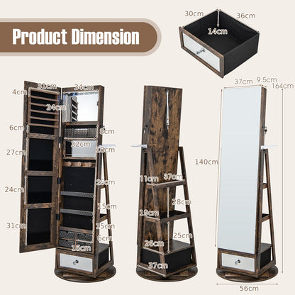 Lockable 360-Degree Rotating Jewelry Armoire with Full-Length Mirror