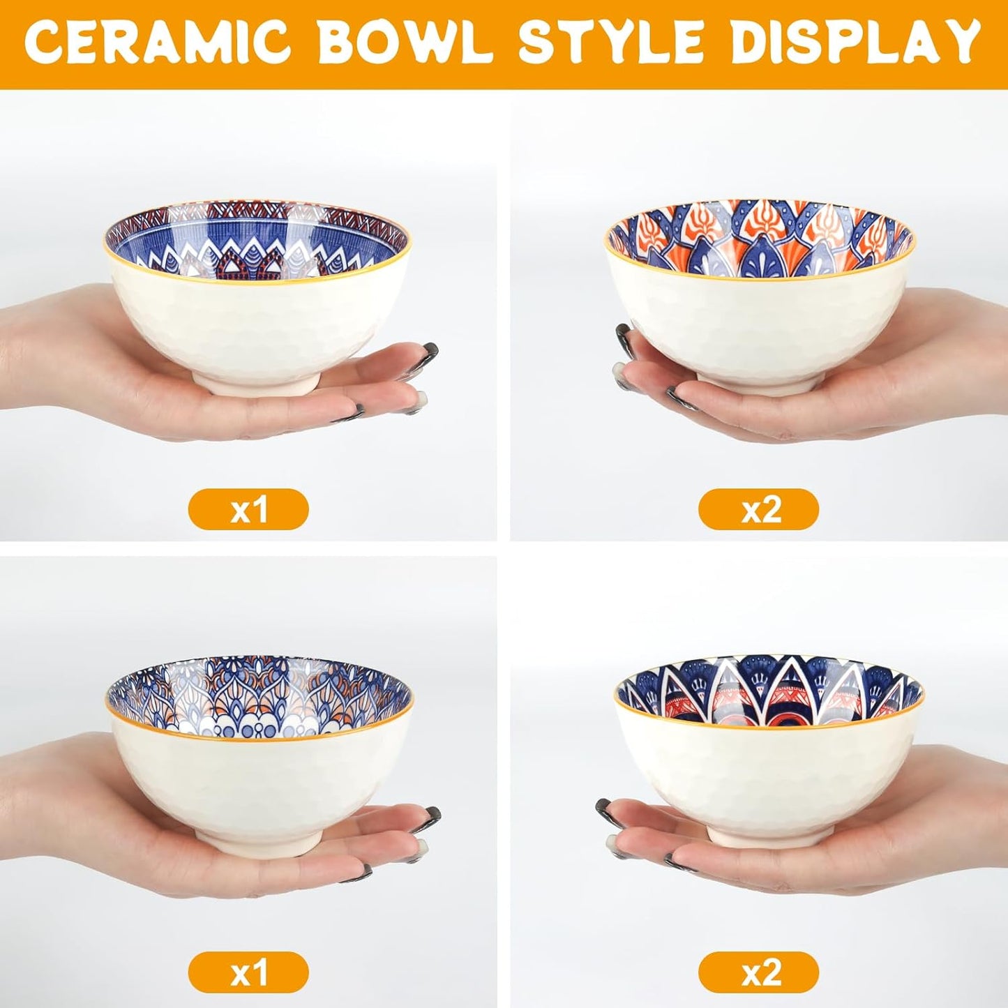 Ceramic Tapas Bowls Set of 6 - Bohemian Style Tapas Dishes, 10Oz/300Ml Salad Bowl, Decorative Serving Bowls for Dip, Cereal, Soup, Rice, Desserts & Snacks, Dishwasher & Microwave Safe