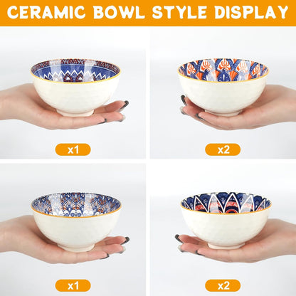 Ceramic Tapas Bowls Set of 6 - Bohemian Style Tapas Dishes, 10Oz/300Ml Salad Bowl, Decorative Serving Bowls for Dip, Cereal, Soup, Rice, Desserts & Snacks, Dishwasher & Microwave Safe