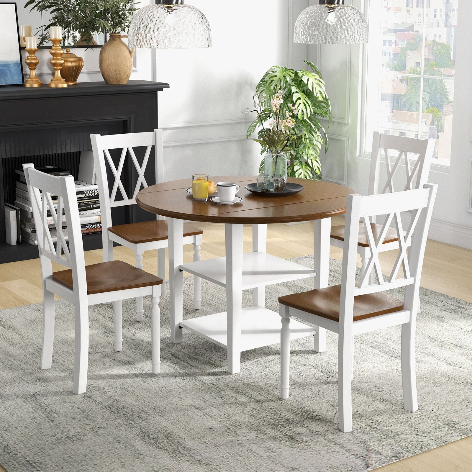 Elegant Extendable Dining Table Set with 2-Tier Storage Shelf - Complete 5-Piece Collection for Modern Dining Spaces