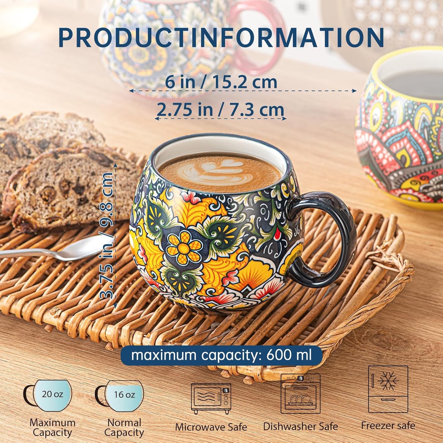 Porcelain Mug Set, Ceramic Cappuccino Cups/Mug Set - 600 Ml, Crockery Cup Mug for 6 People, Coffee Mug Set - Bohemian Style
