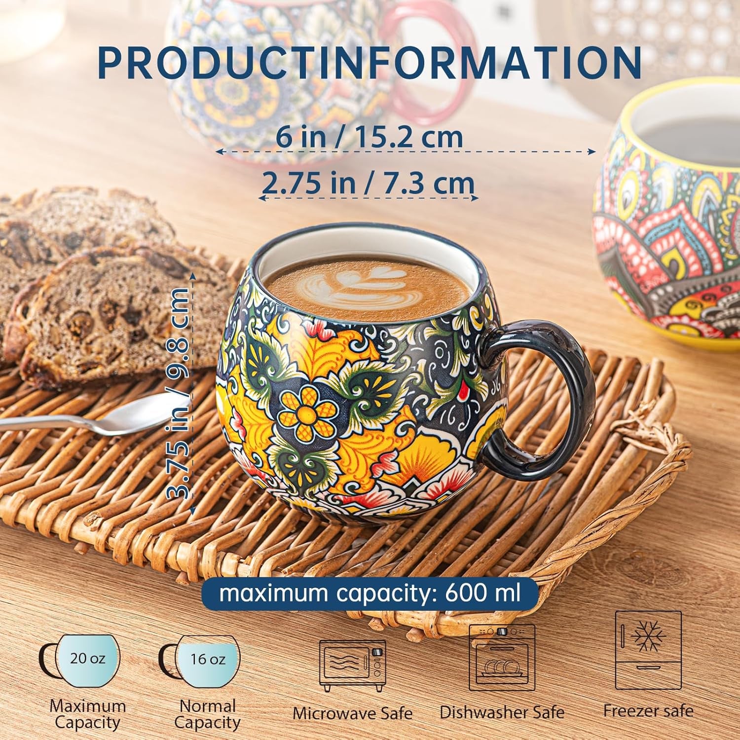 Porcelain Mug Set, Ceramic Cappuccino Cups/Mug Set - 600 Ml, Crockery Cup Mug for 6 People, Coffee Mug Set - Bohemian Style