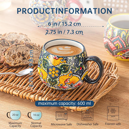 Porcelain Mug Set, Ceramic Cappuccino Cups/Mug Set - 600 Ml, Crockery Cup Mug for 6 People, Coffee Mug Set - Bohemian Style
