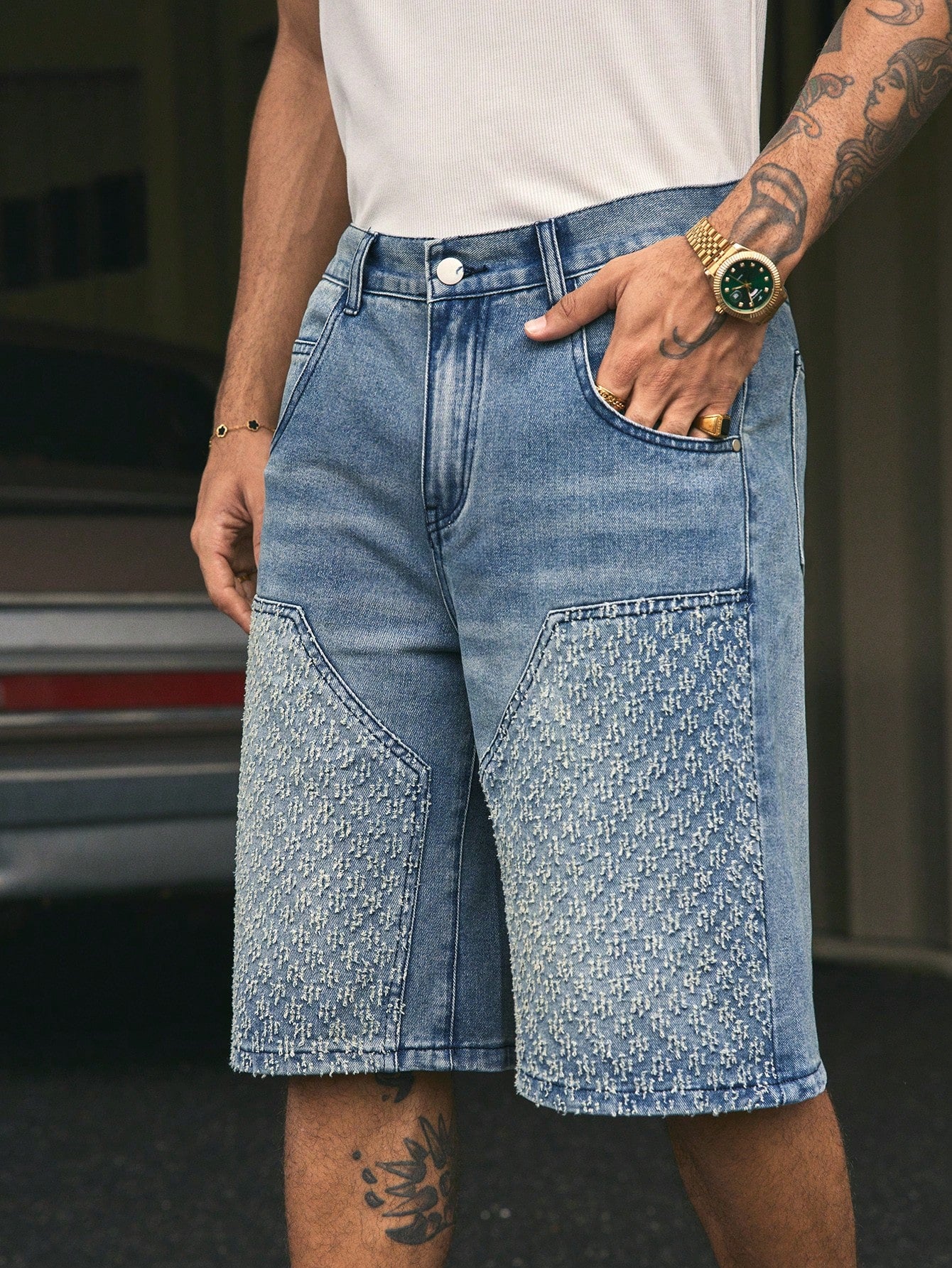AXEPEAK Pocket Embossed Loose Casual Versatile Denim Bermuda Shorts, Spring/Summer
