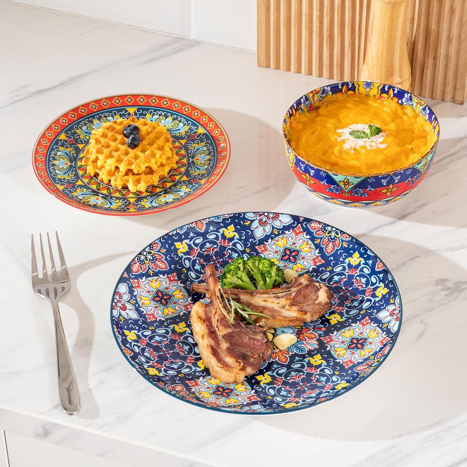 Ceramic Dinnerware Sets for 4,12 Pieces Boho Plates and Bowls for Kitchen,Housewaring Gift,Bohemian Style Dish Set,Dishwasher and Microwave Safe(Colorful)