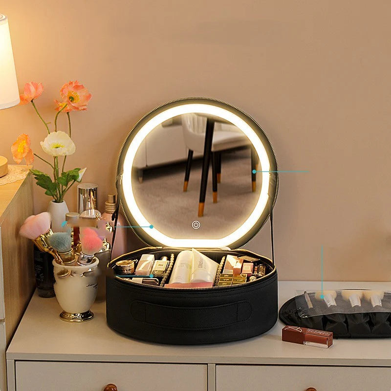 Round Smart LED Makeup Bag with Mirror Lights Women Beauty Bag Large Capacity PU Leather Travel Organizers Cosmetic Case