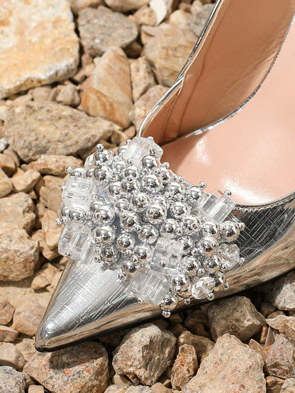 Pink Elastic Strap Back Rhinestone Women'S Sandals, Pointed Toe Backless Square High Heel Shoes, Unique Design