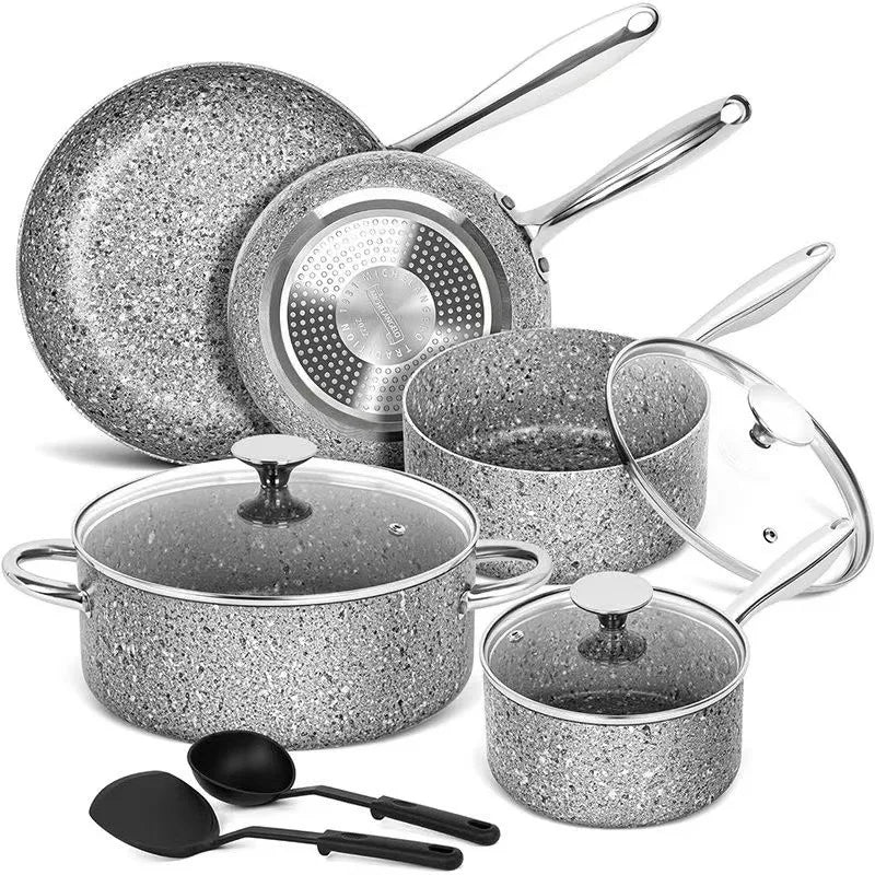 10Pcs Nonstick Cookware Set Nonstick Frying Pans Stainless Steel Handle Grey Granite Cookware Pot Pan Set