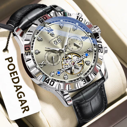 Fashion Men Wristwatch Luxury Hollow Tourbillon Luminous Date Week Man Clock Automatic Mechanical Leather Men'S Watches