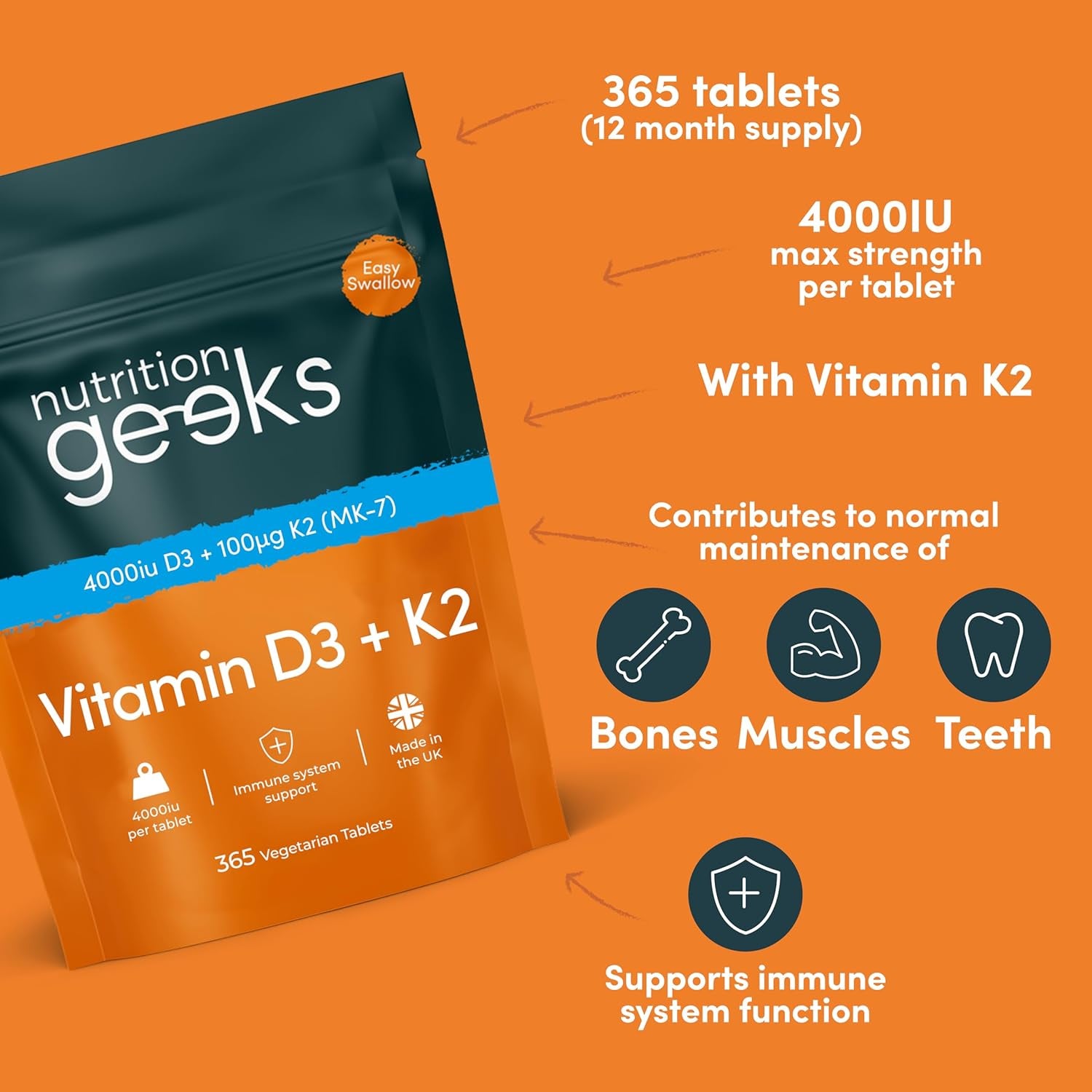 Vitamin D3 4000 IU and Vitamin K2 MK7 100 µg - One Year Supply, 365 Easy-to-Swallow High Strength Vegetarian Tablets, UK Manufactured Vitamin D and K Supplements