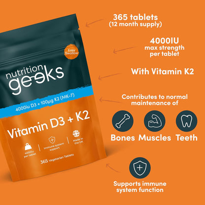 Vitamin D3 4000 IU and Vitamin K2 MK7 100 µg - One Year Supply, 365 Easy-to-Swallow High Strength Vegetarian Tablets, UK Manufactured Vitamin D and K Supplements