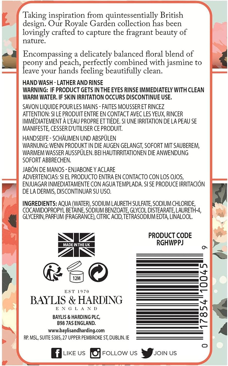 Royale Garden Peach Peony & Jasmine Hand Wash, 500 Ml (Pack of 6) - Vegan Friendly