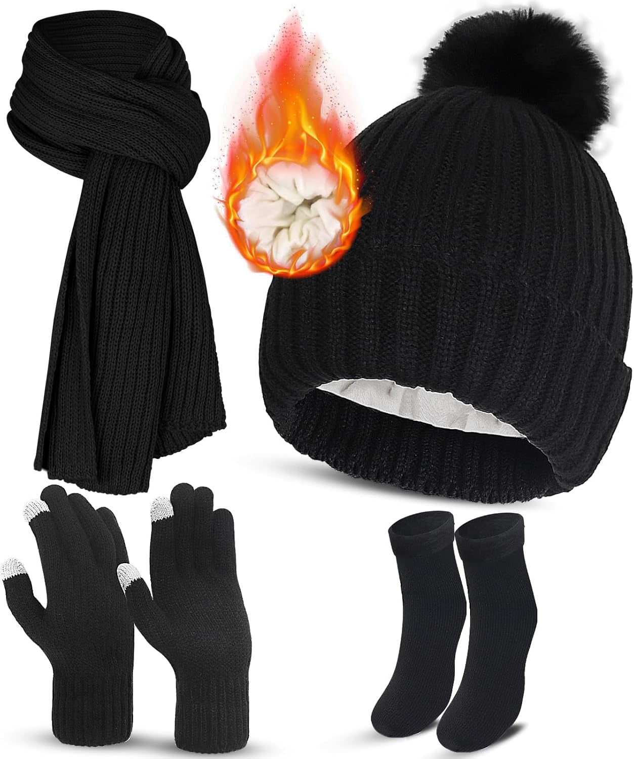 4PCS Winter Beanie Hat Scarf Gloves Set, Pink Black Grey Beige Warm Long Scarf Beanie Hat Thermal Socks Touch Screen Gloves, Winter Thick Set for Women Skiing Outdoor Sports