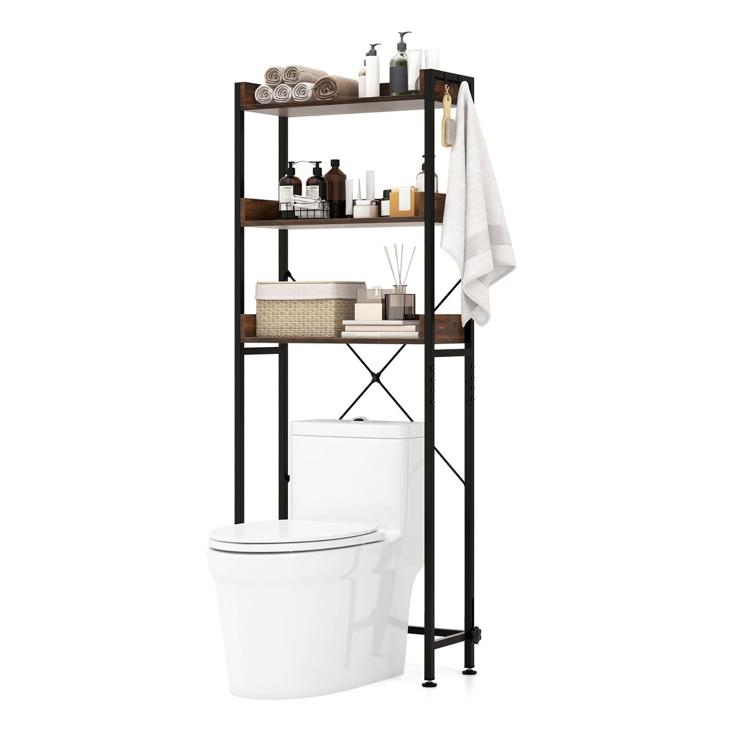 Three-Tier Over-the-Toilet Storage Rack with Four Hooks and Adjustable Base Bar