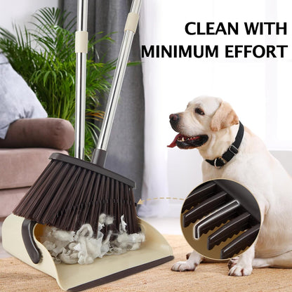 Long Handle Dustpan and Brush Sets, Broom and Dustpan Set with Comb Teeth, Sweeping Brush Set for Indoor Kitchen Lobby Office Sweeping Pet Dog Hair, Household Cleaning Supplies (Brown Beige)