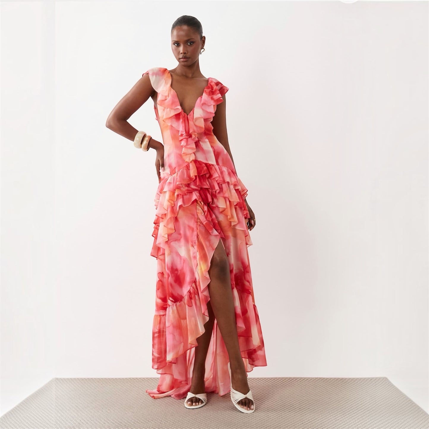 Wanderdoll Cara Plunge Neck Ruffle Tiered Maxi Dress Sunset Floral
