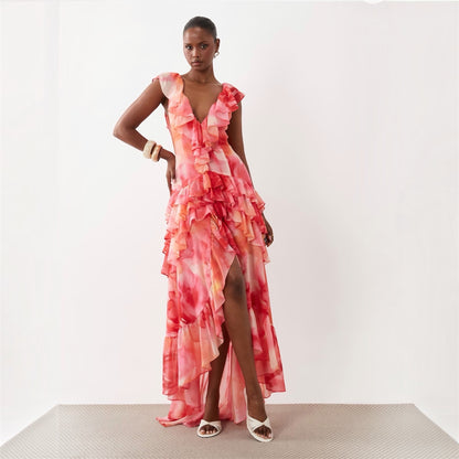 Wanderdoll Cara Plunge Neck Ruffle Tiered Maxi Dress Sunset Floral