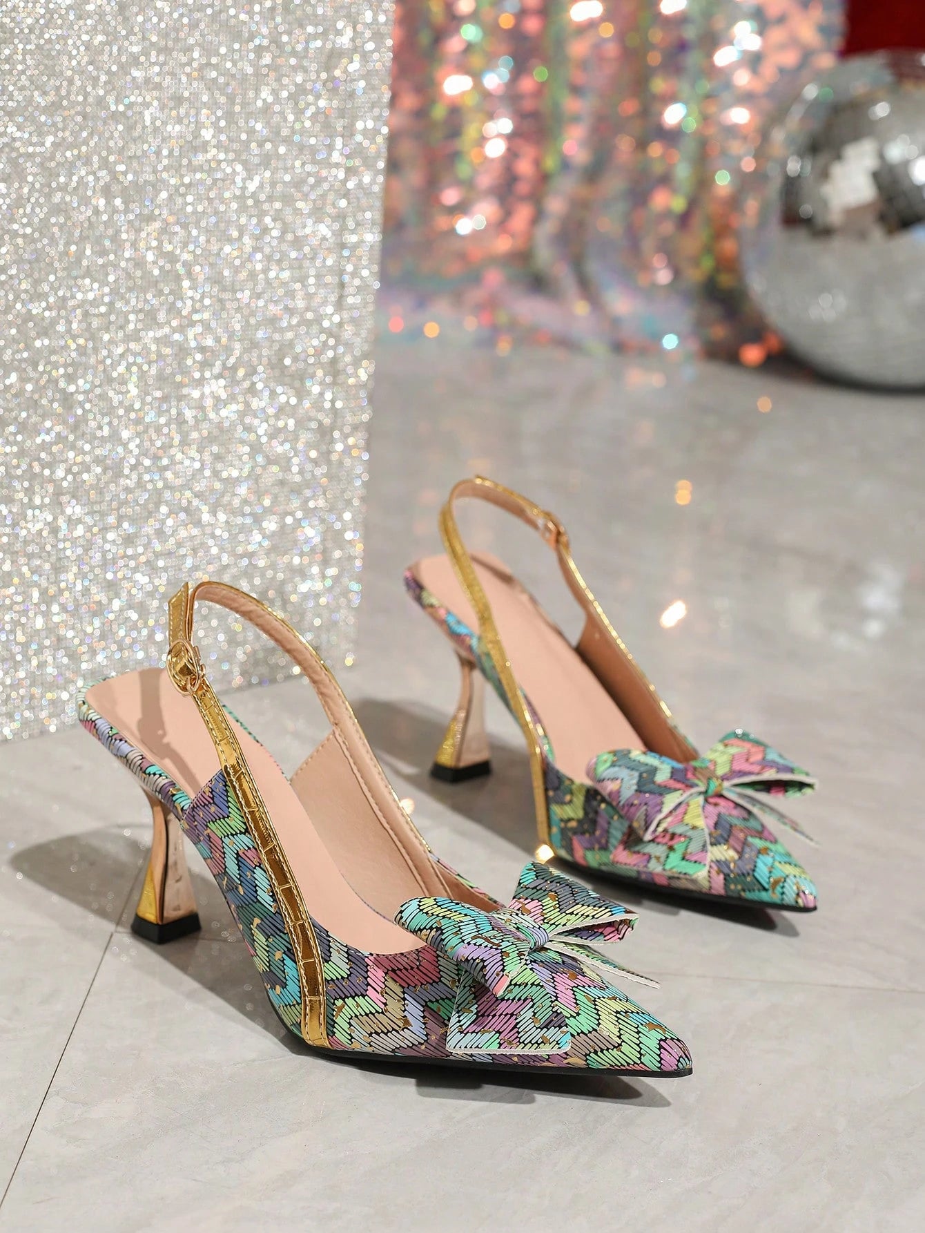 Pink Elastic Strap Back Rhinestone Women'S Sandals, Pointed Toe Backless Square High Heel Shoes, Unique Design