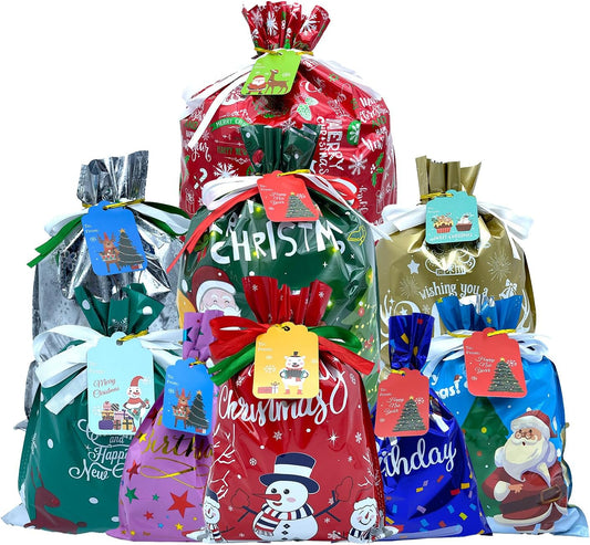 37PCS Christmas Drawstring Gift Bags with Tags, Assorted Sizes, Christmas Foil Gift Wrapping Sacks Pouches for Presents Party Favor, Birthday Gift Bags, Reusable