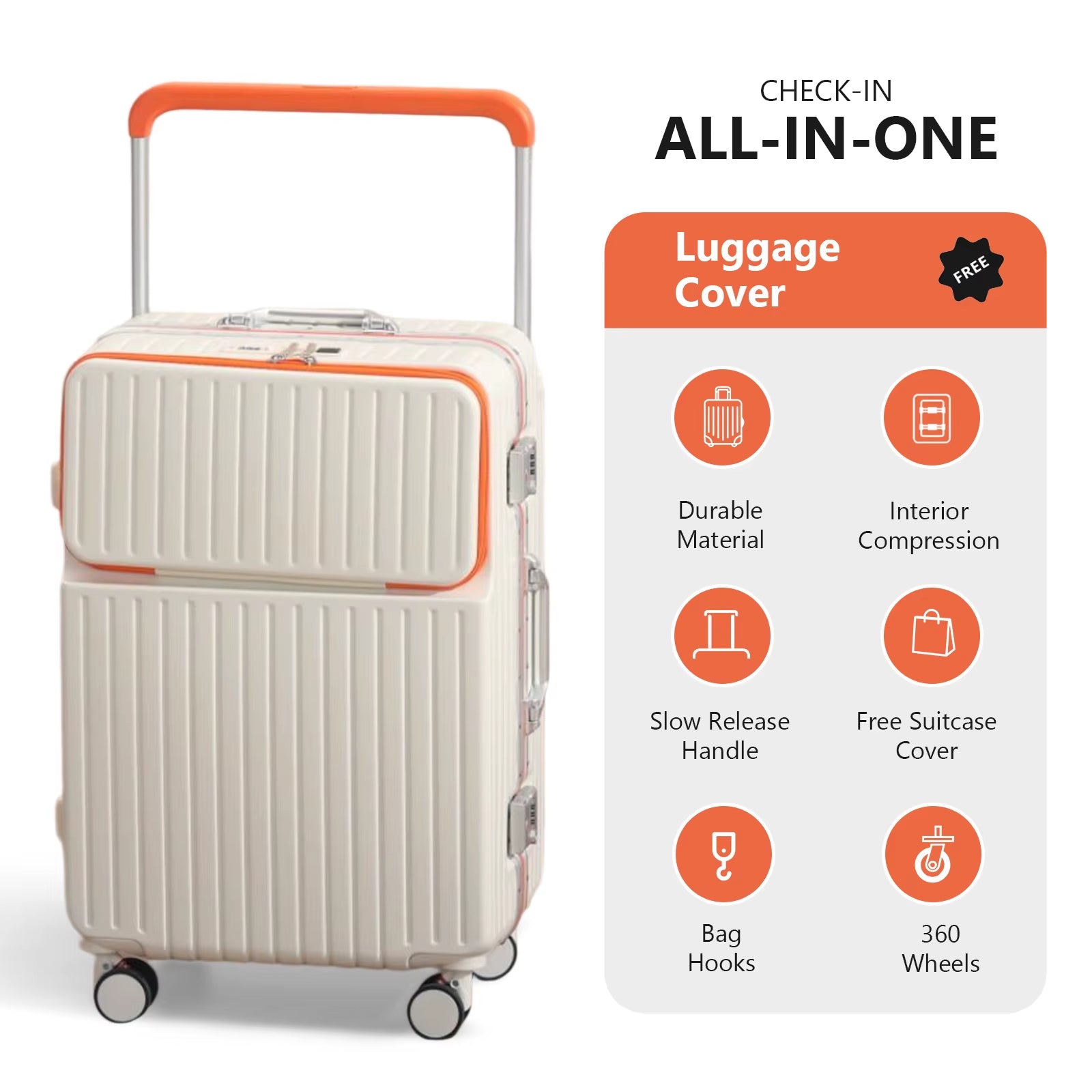 Luggage Aluminum Frame Hard Shell Trolley Case, TSA Lock, with Cup Holder and Phone Holder, USB, 20“-26”