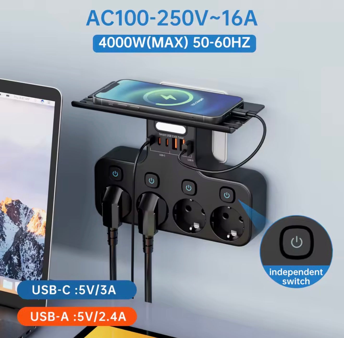 4000W EU Power Strip with USB-C and Smart Night Light