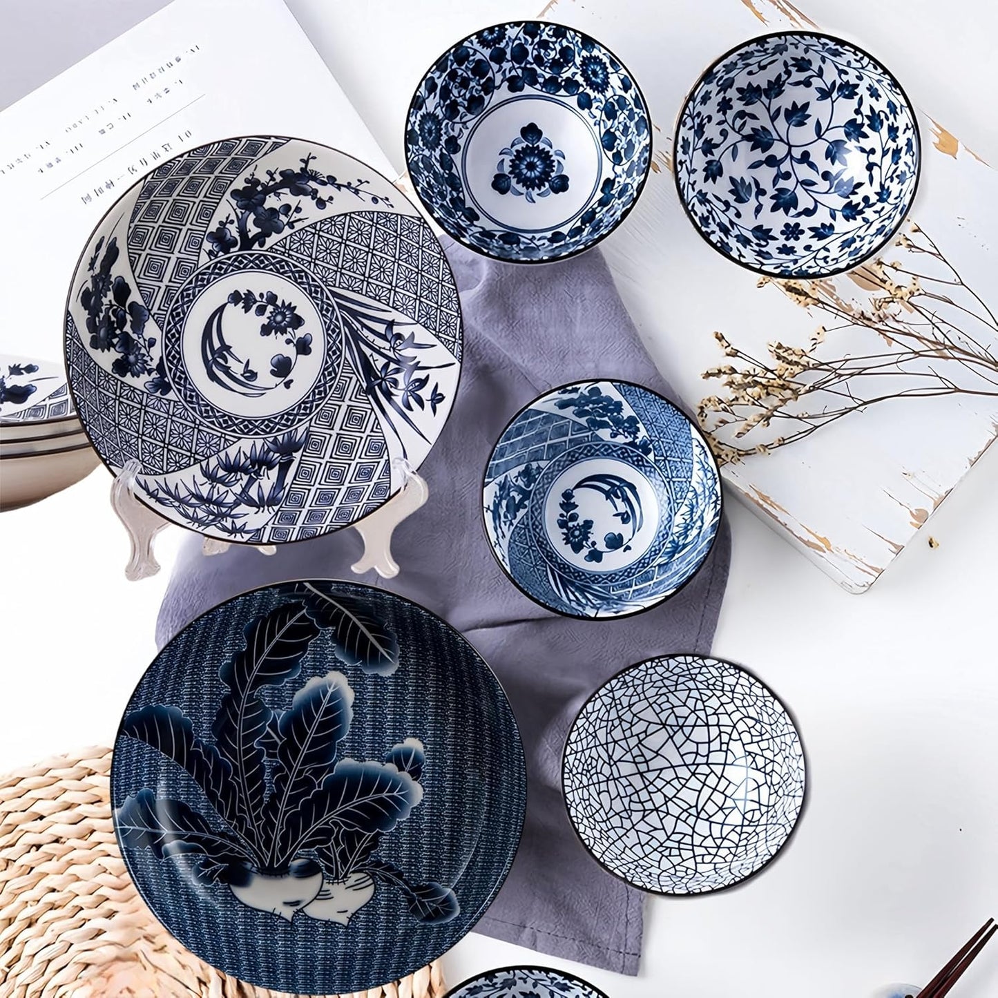 Japanese Style Ceramic Plates and Bowls Set, Rice Bowl with Gift Box Bowls Set of 6, Porcelain Serving Bowl for Rice, Soup, Dessert, Snack, 10Oz/250Ml, Soy Sauce Dish 8Inch, Dishwasher Safe Sets