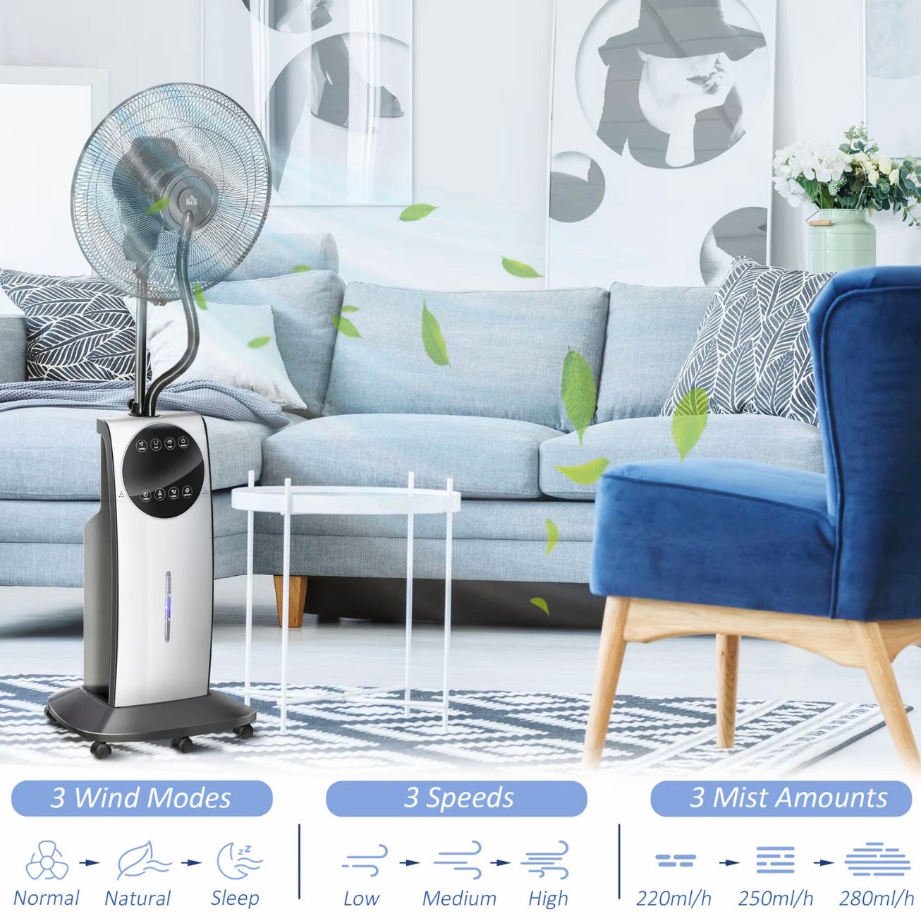 HOMCOM Pedestal Fan with Water Mist Spray 3.1L Tank