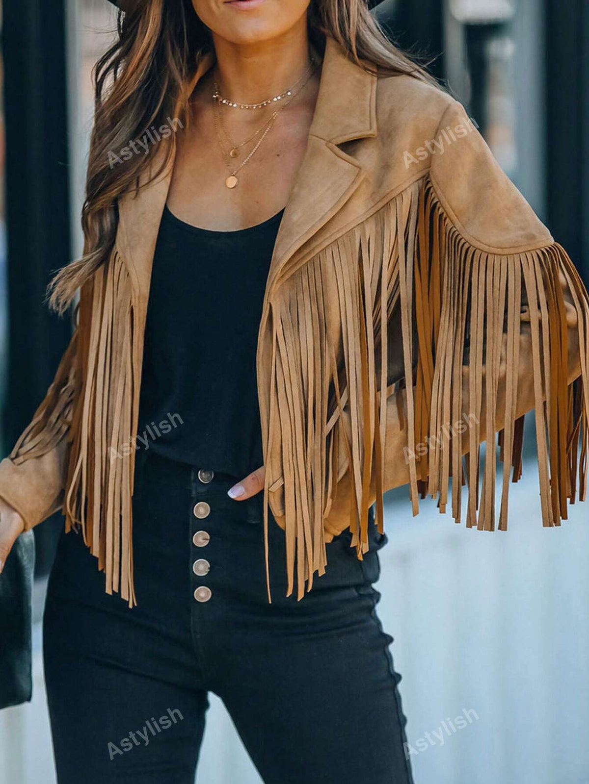 Astylish Women Western Wear Long Sleeve Fringe Open Front Faux Suede Moto Jacket Festival Outfit