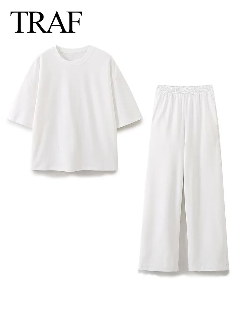 2024 Women'S Solid Casual T Shirts Pant Set Short Sleeves O-Neck T-Shirt Top+Lace-Up Loose Side Pockets Straight Pant