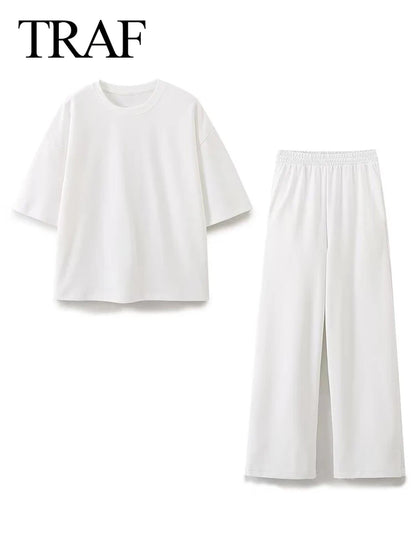 2024 Women'S Solid Casual T Shirts Pant Set Short Sleeves O-Neck T-Shirt Top+Lace-Up Loose Side Pockets Straight Pant