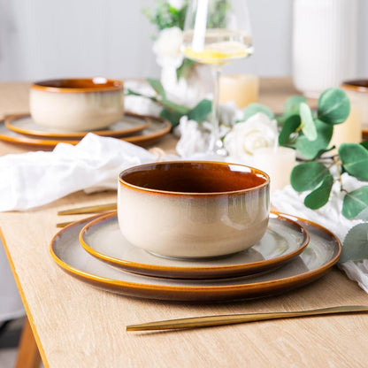 Dinner Set for 6, 18 Piece Stoneware Plates and Bowls Set, Chip & Scratch Resistant Reactive Glazed Dinnerware Set, Dishwasher & Microwave Safe Crockery Set (Cappuccino, Service for 6)