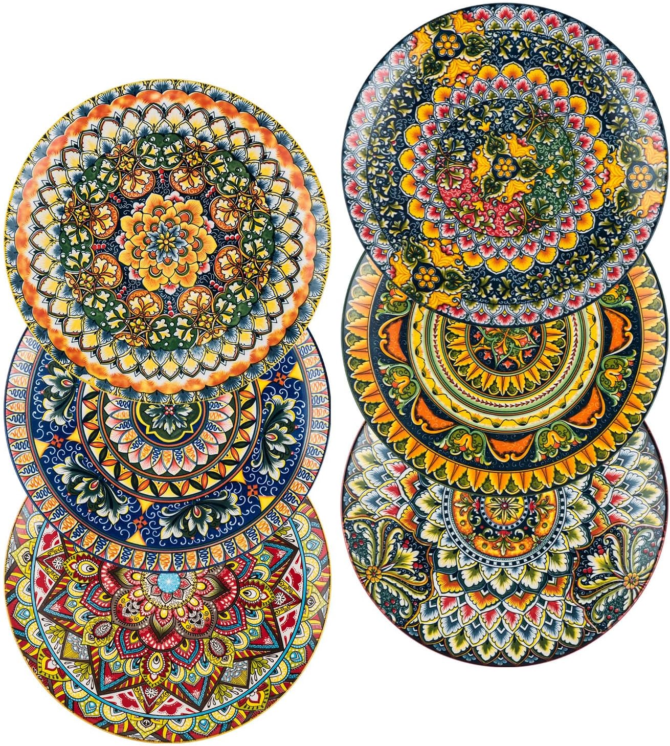 Plates Set - 10 Inch, Porcelain Large Dinning round Plates Set of 6, round Plate for Breakfast/Dessert with Pattern - Bohemian Style