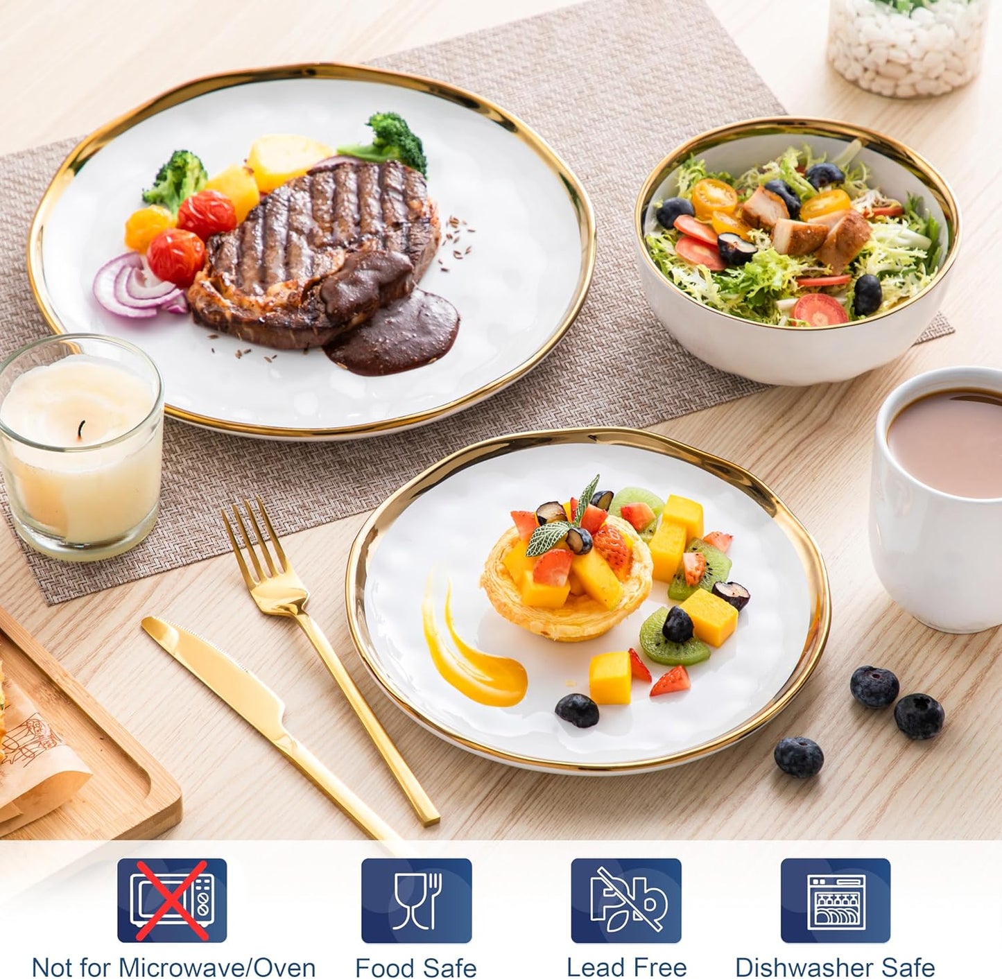 'Apollo', 16 Piece Dinner Set, Stoneware Dish Set for 4, Kitchen Plates and Bowls Sets, Handmade Dinnerware Set with Gold Trim, Dishwasher Safe, White and Gold