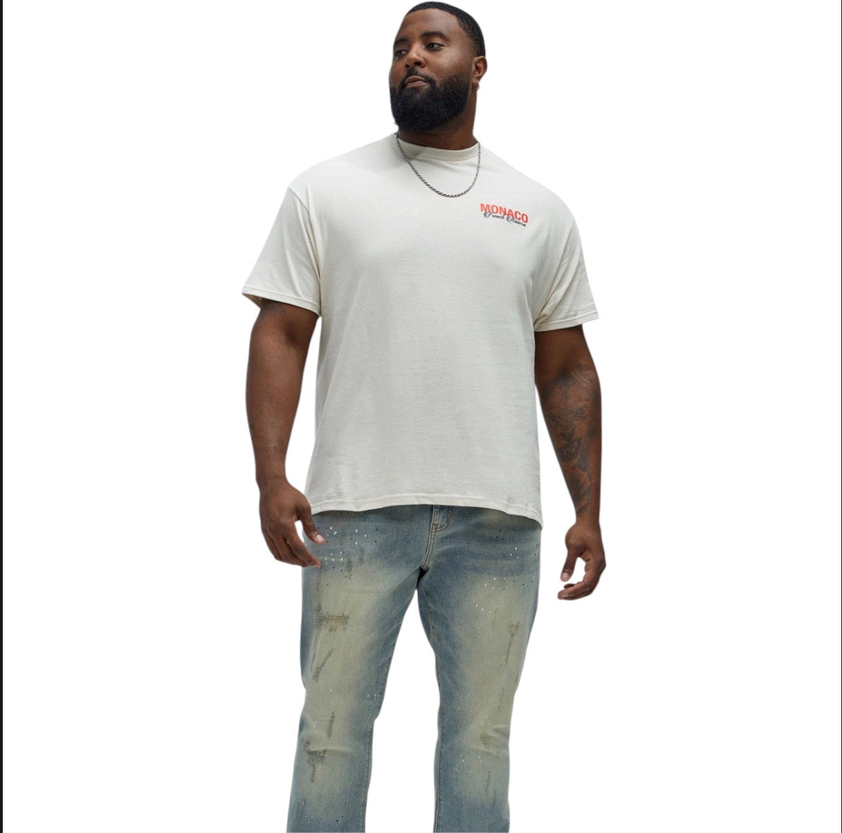 Ripped Bleach Splatter Stacked Slim Flare Jeans Light Blue Wash