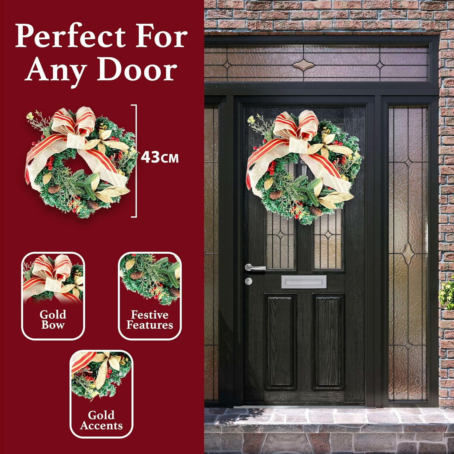Christmas Wreath | Golden Christmas Door Wreath with Pine Cones & Berries