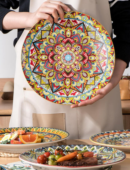Plates Set - 10 Inch, Porcelain Large Dinning round Plates Set of 6, round Plate for Breakfast/Dessert with Pattern - Bohemian Style