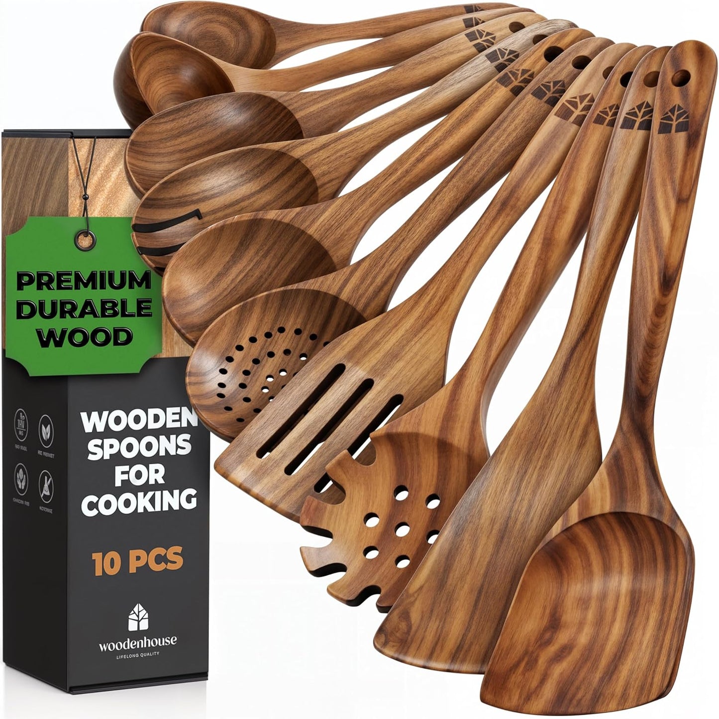 Wooden Utensil Set - 10 Pcs Teak Wooden Spoon Kitchen Utensils Set for Nonstick Pans & Cookware. Non-Scratch, Heat Resistant, Comfortable Grip. Includes Cooking Spatula