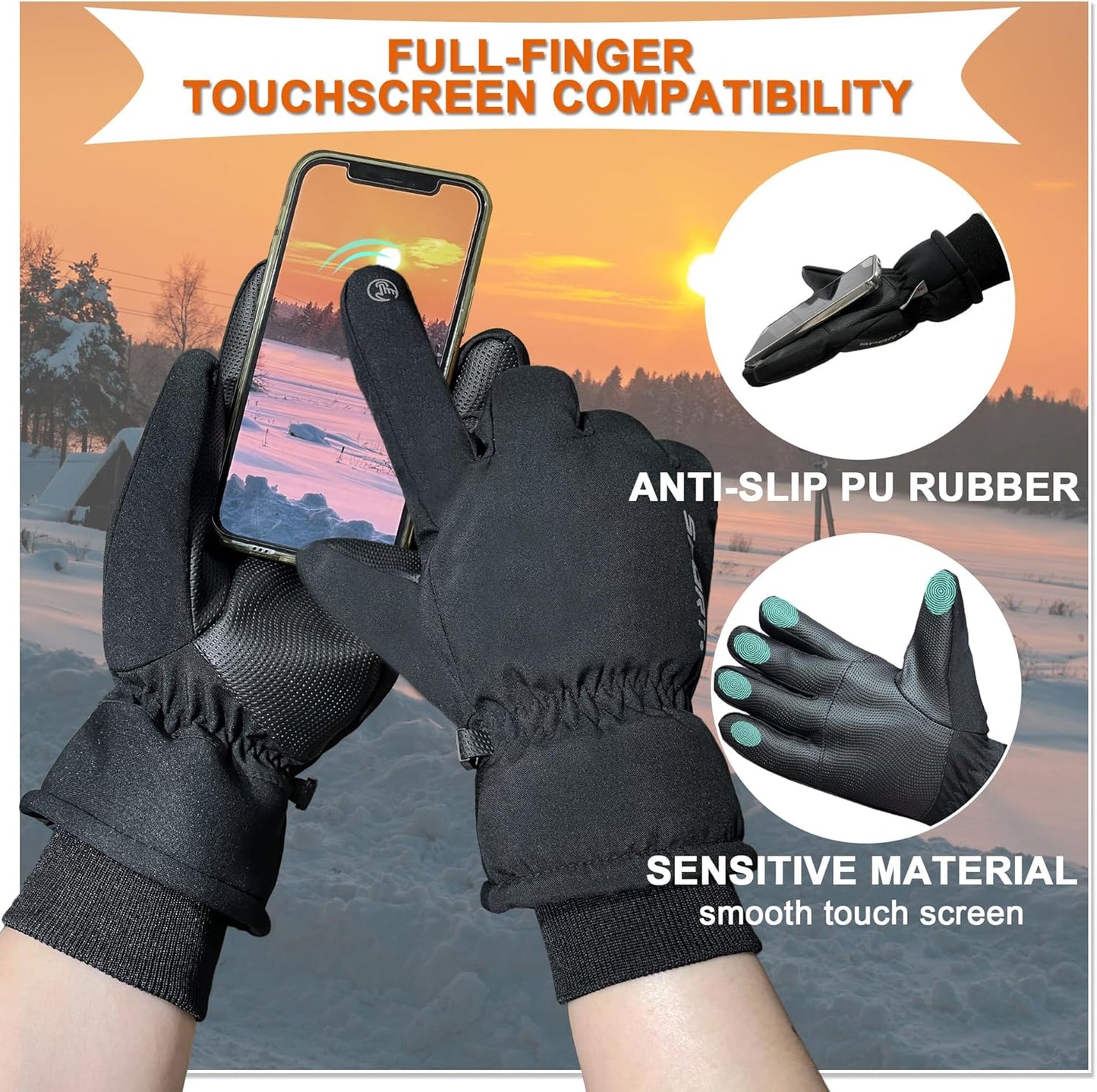 Waterproof Winter Gloves for Men Thermal Touchscreen Cold Weather Thinsulate Warm anti Slip Ski Gloves for Cycling Walking Hiking Outdoor Sports
