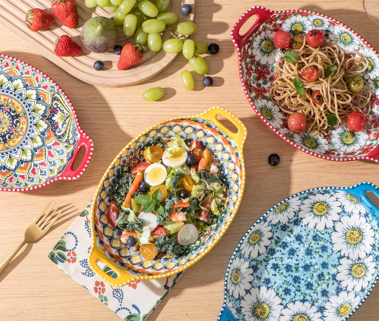 Salad Bowl Set of 4, Porcelain Large Pasta Bowl/Fruit Bowls with Handles - 32 OZ, Vibrant Colour Large Boho Bowls Serving Dishes for Entertaining/Party/Christmas