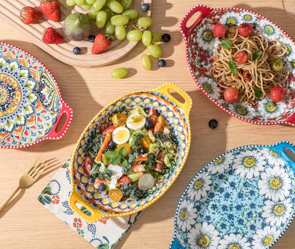 Salad Bowl Set of 4, Porcelain Large Pasta Bowl/Fruit Bowls with Handles - 32 OZ, Vibrant Colour Large Boho Bowls Serving Dishes for Entertaining/Party/Christmas