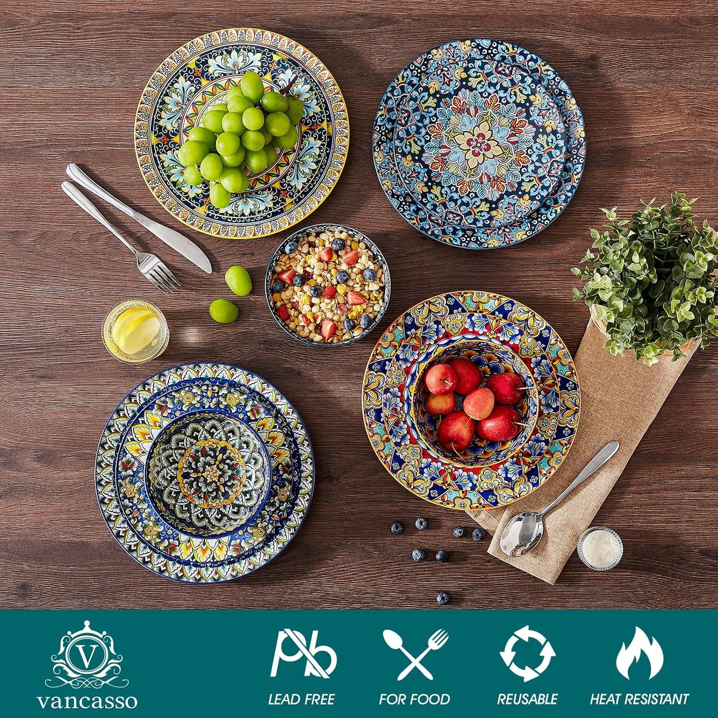 SIMI Dinner Set- 18 Pieces for 6 People, Porcelain Plates and Bowls Set, Bohemian Style Dinnerware Sets, Scratch Resistant Dinner Service Set, Dishwasher and Microwave Safe